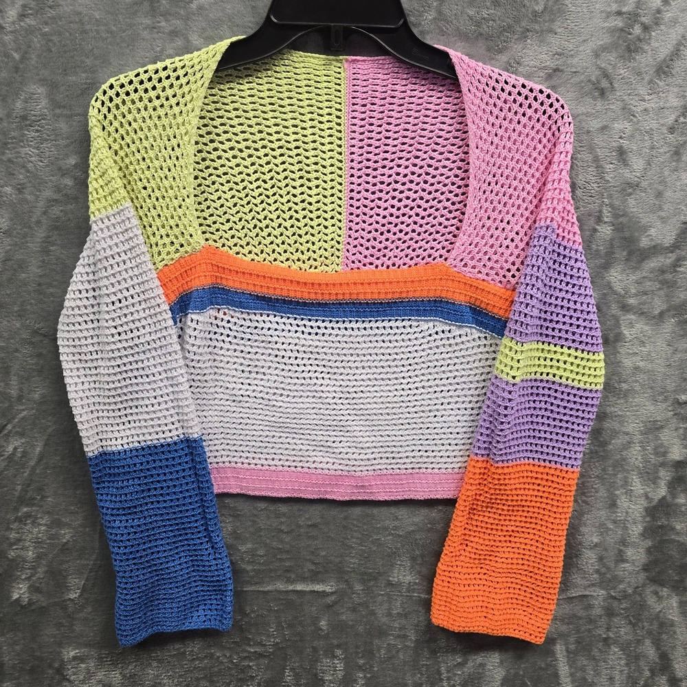 Bold Colorblock Women Sz Small Crop Sweater Rainbow Crochet Square Neck Girlhood